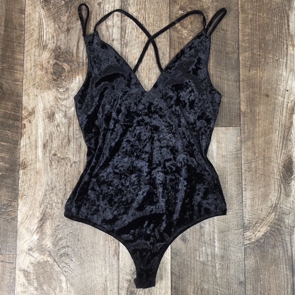 Crushed Velvet Bodysuit Y2K Goth Strappy Size Medium Going Out Sexy Concert